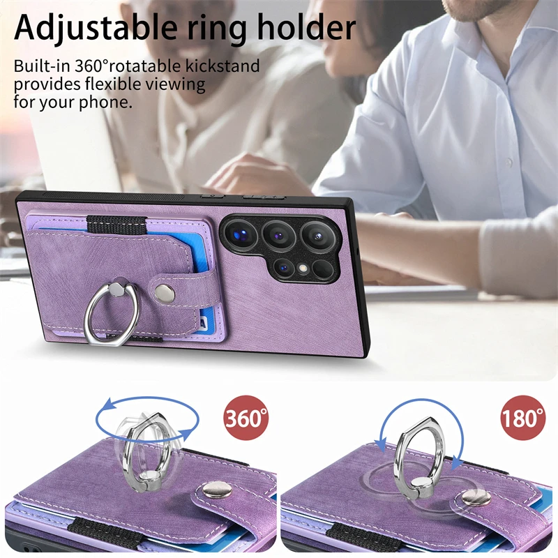 Luxury Leather Magnetic Wallet Case with Ring Stand and Card Slots