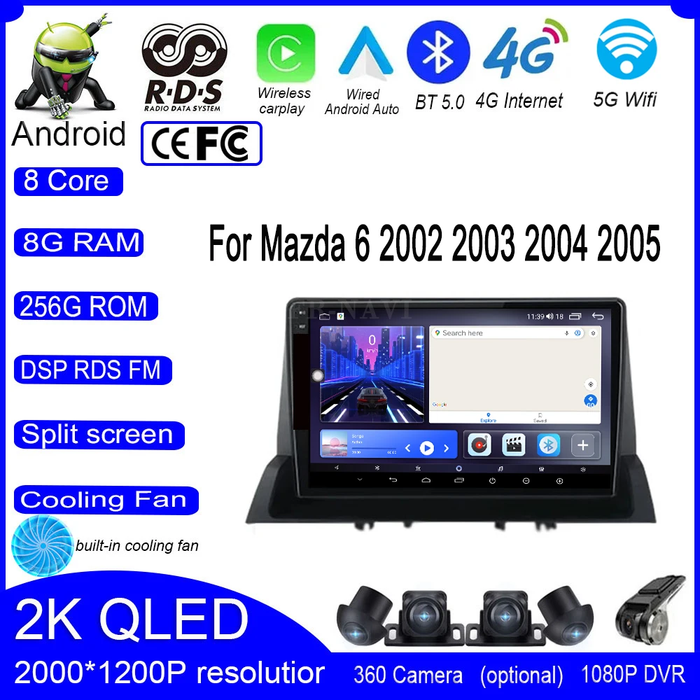 

Автомобильный мультимедийный проигрыватель 9 lnch для Mazda 6 2002 2003 2004 2005 Android 14 DSP IPS с видеоплеером и GPS-навигацией для Carplay Auto