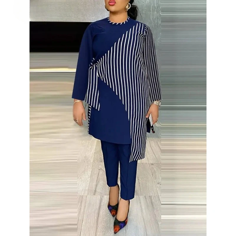 

Женские винтажные комплекты VONDA 2023, модные Асимметричные полосатые топы и брюки с длинным рукавом, комплект из 2 предметов, повседневные бандажные брюки