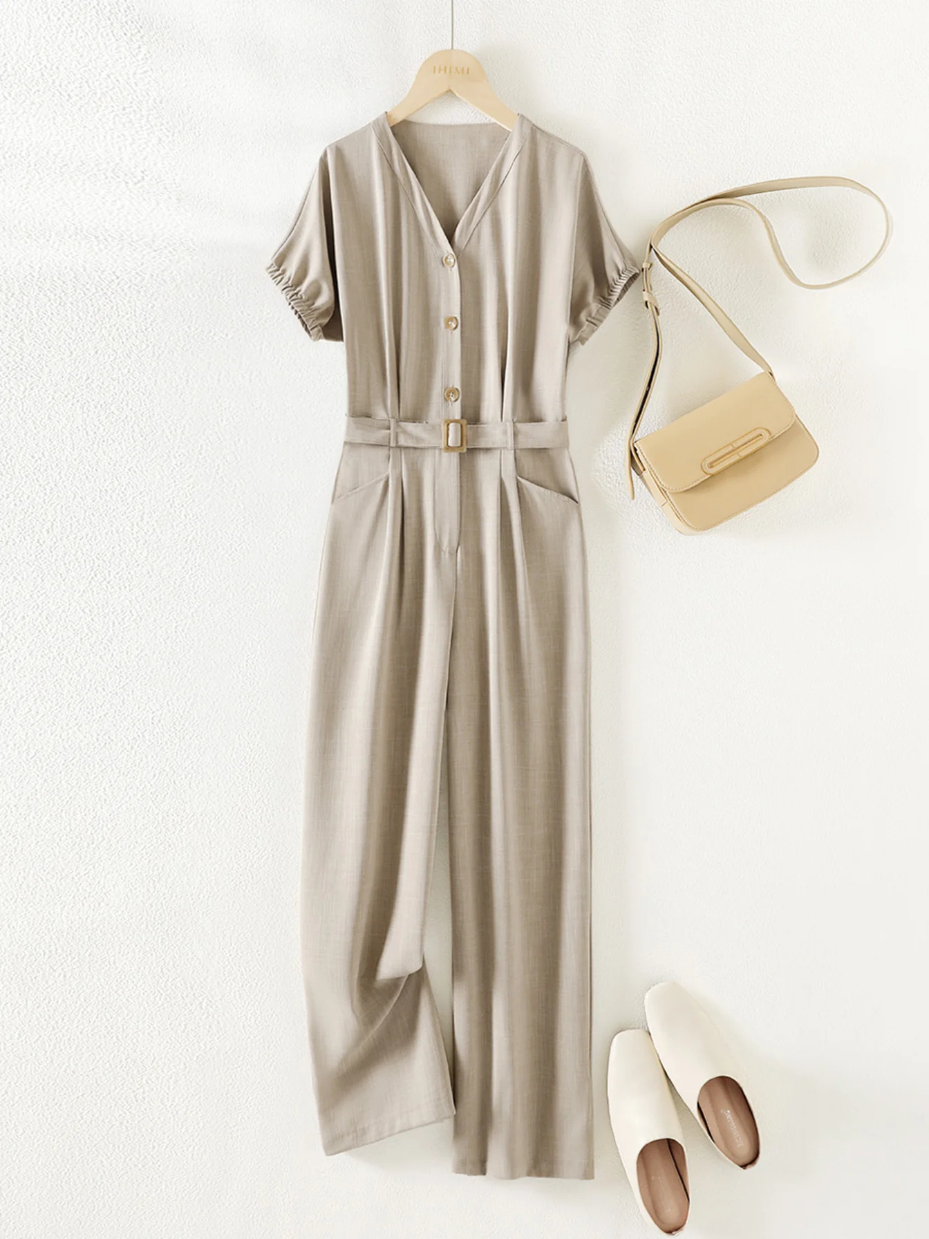 Women's solid-coloured jumpsuit fashion button jumpsuit waisted skinny temperament jumpsuit slack leisure breathable  jumpsuit