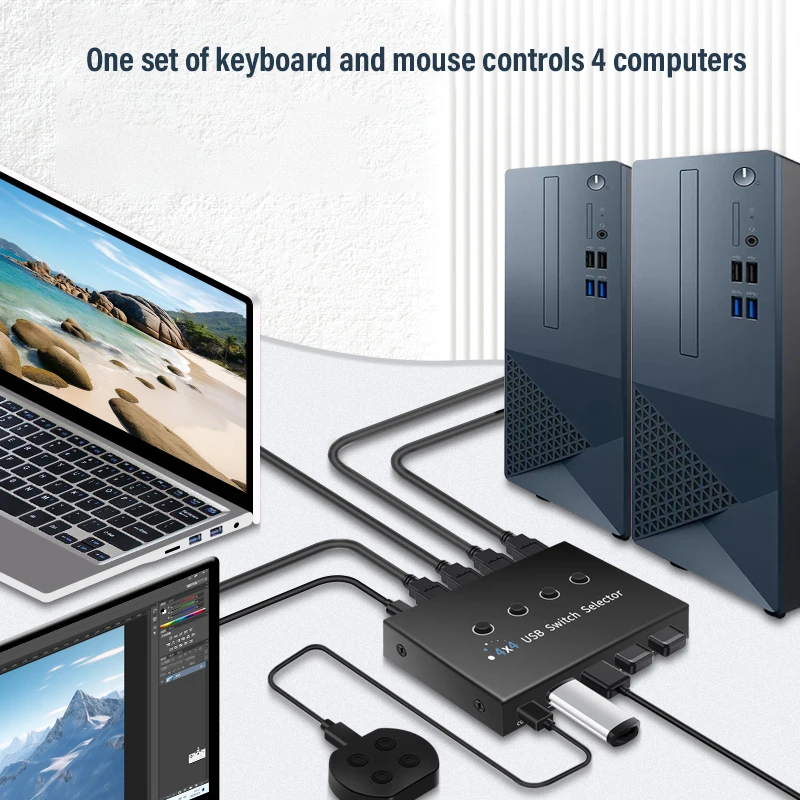 KVM Switch USB 3.0 Switch Shared Controller Hub Adapter 4 Inputs 4 Outputs USB 3.0 Switcher for PC Laptop Printer Keyboard Mouse 2