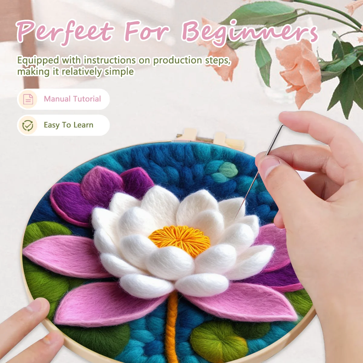RUOPOTY 1 Pack Needle Felting Wool Lotus Flowers Wool Needle Felt Painting For Adults Kits Wool Felting Yarn Supplies Diy Craft