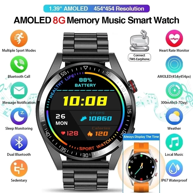 Rendezvous undertake Encyclopedia 2022 New 454*454 Screen Smart Watch Men Always Display The Time Bluetooth  Call 8G Local Music Men Smartwatch For Huawei Xiaomi - AliExpress
