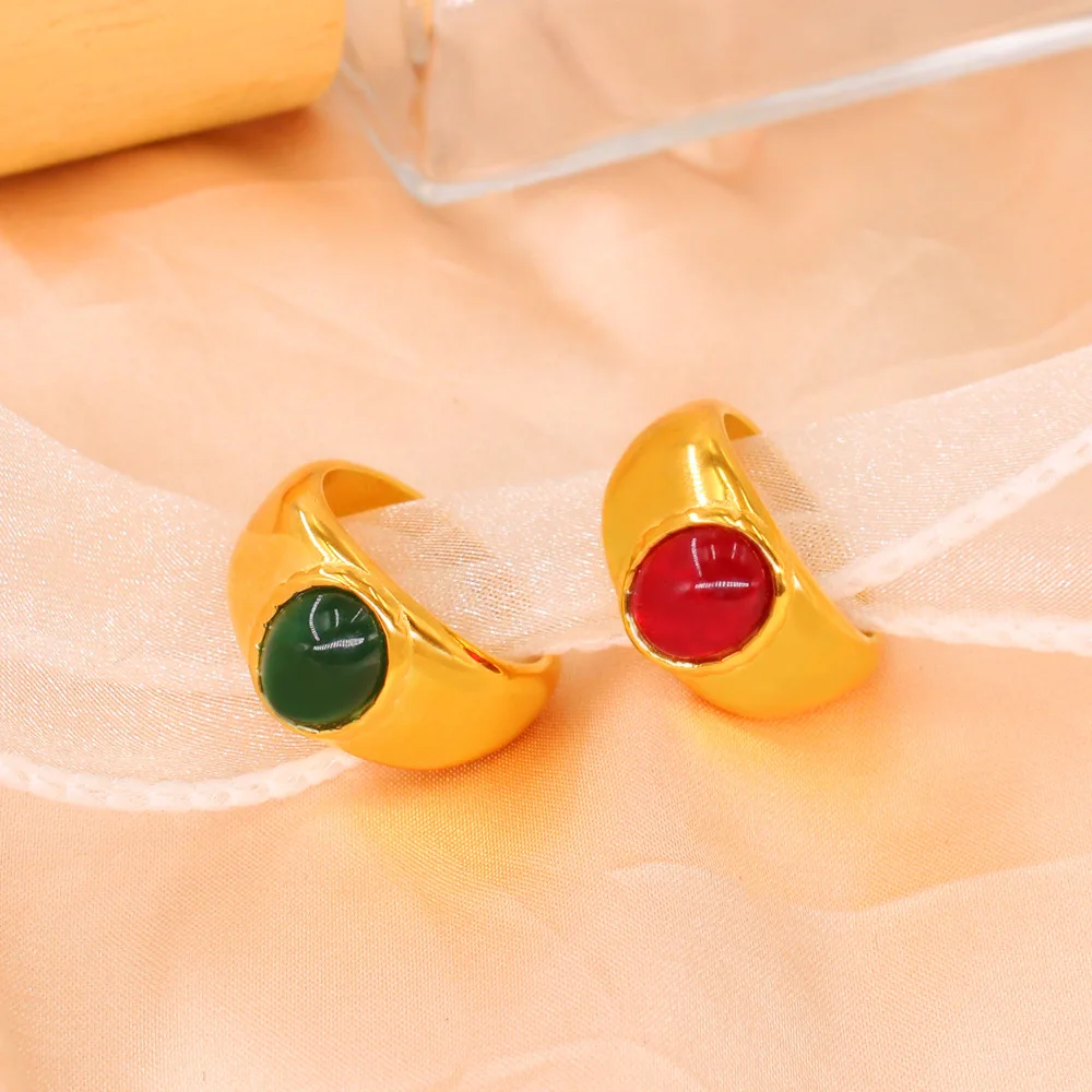 New Minimalist Red Crystal Wide Thick Wedding Ring for Women Premium Stainless Steel Gold Color Knuckle Rings Engagement Jewelry