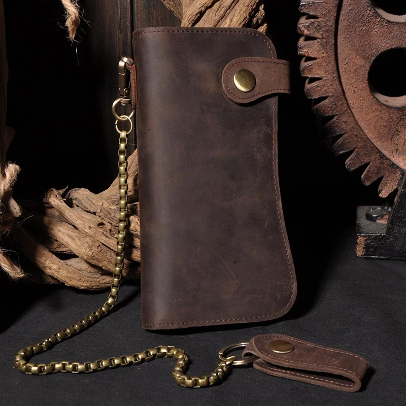 

Men's Vintage Crazy Horse Leather Chain Wallet Genuine Leather Bifold Long Wallet Snap Card Holder Purse Zipper Coin Pocket