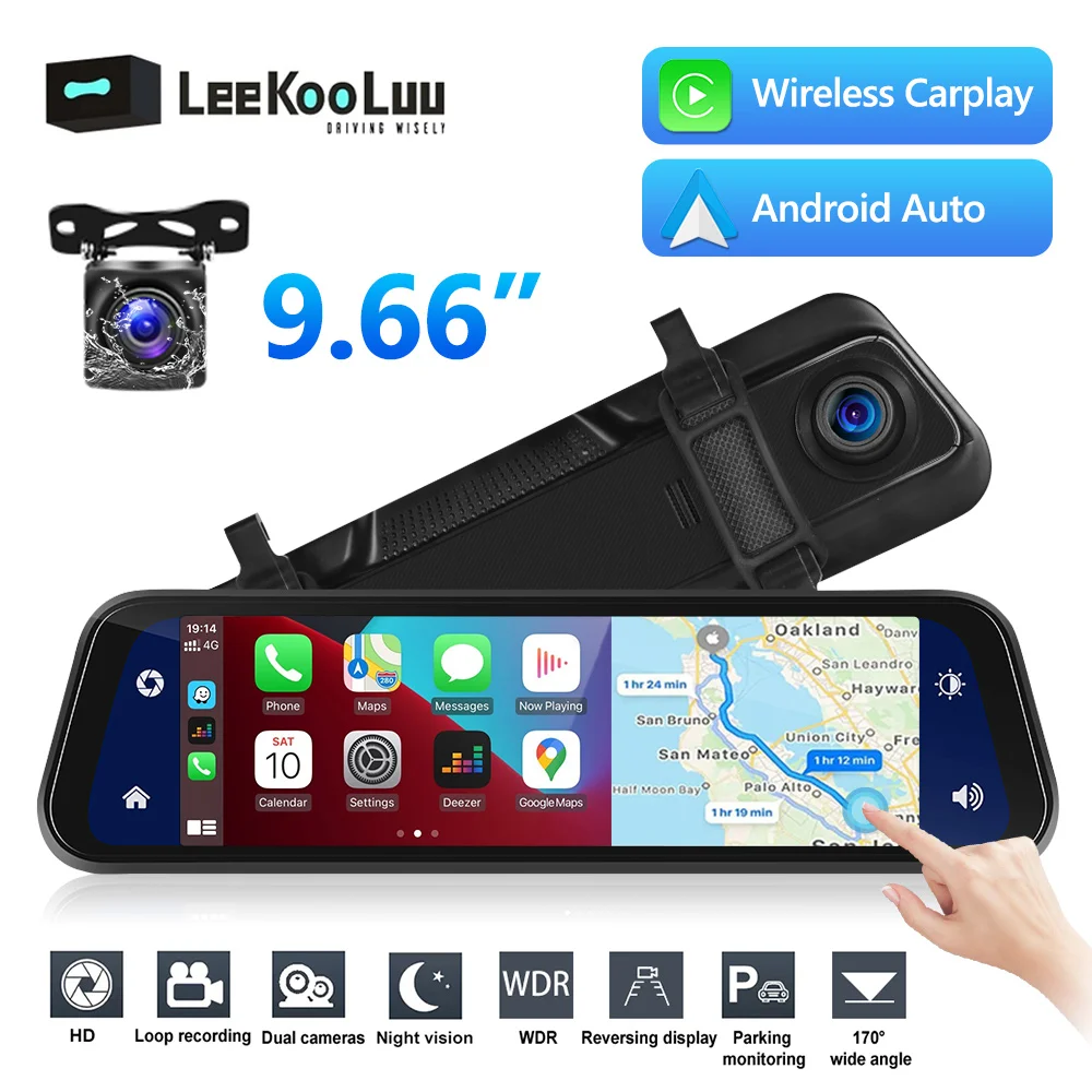 Leekooluu 9.66" Car Mirror Video Recording Wireless Carplay & Android