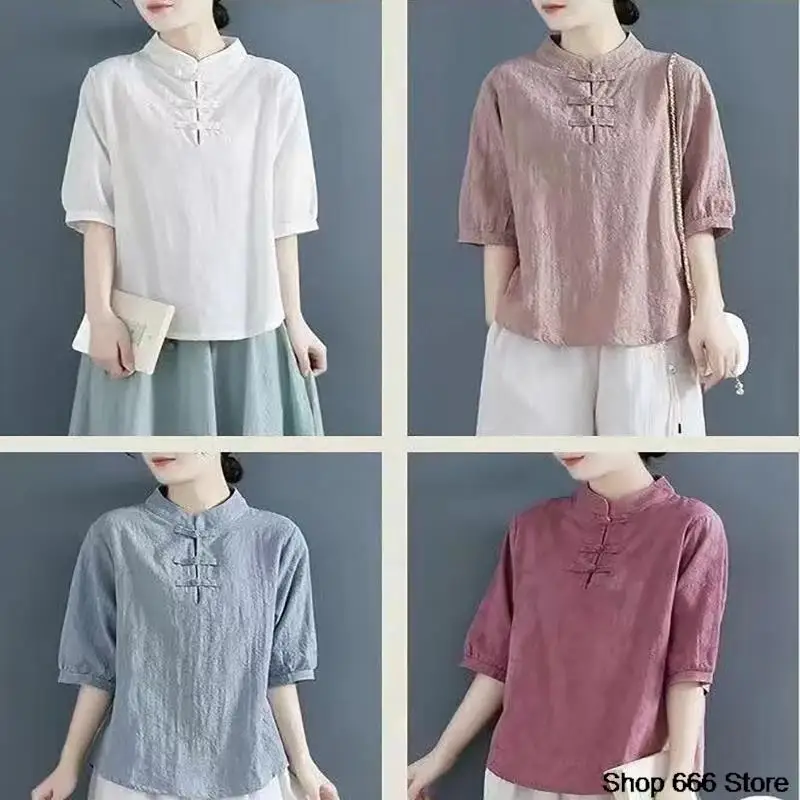 Summer Traditional Chinese Women's Clothing Tang Hanfu Spring Autumn Shirt Blouse Loose Leisure Top Vintage T-shirt Tea Service