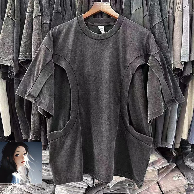 

Pure Patckwork Washed Distressed Loose T-shirt Men Women Good Quality Splic Architecture Short Sleeve Casual Tops Tee Kanye