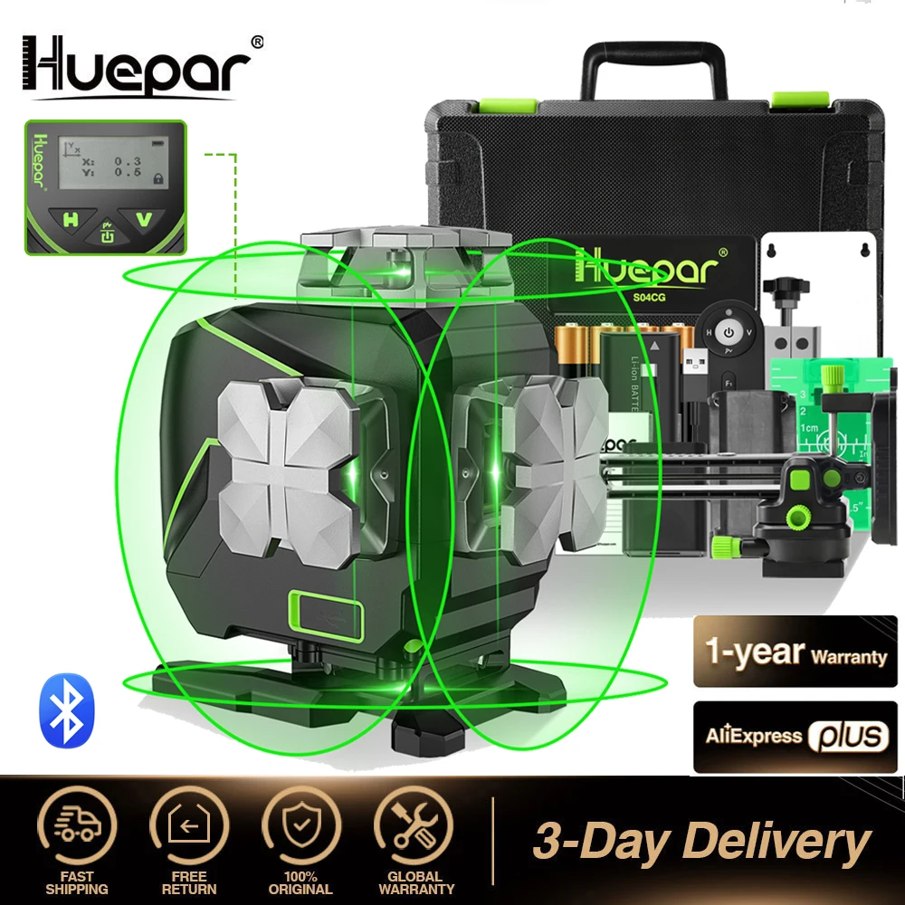 Huepar S04CG 16 Lijnen 4D Kruislijnlaser Bluetooth & Afstandsbediening Functies Groen Beam Lijnen Met Hard Carry case