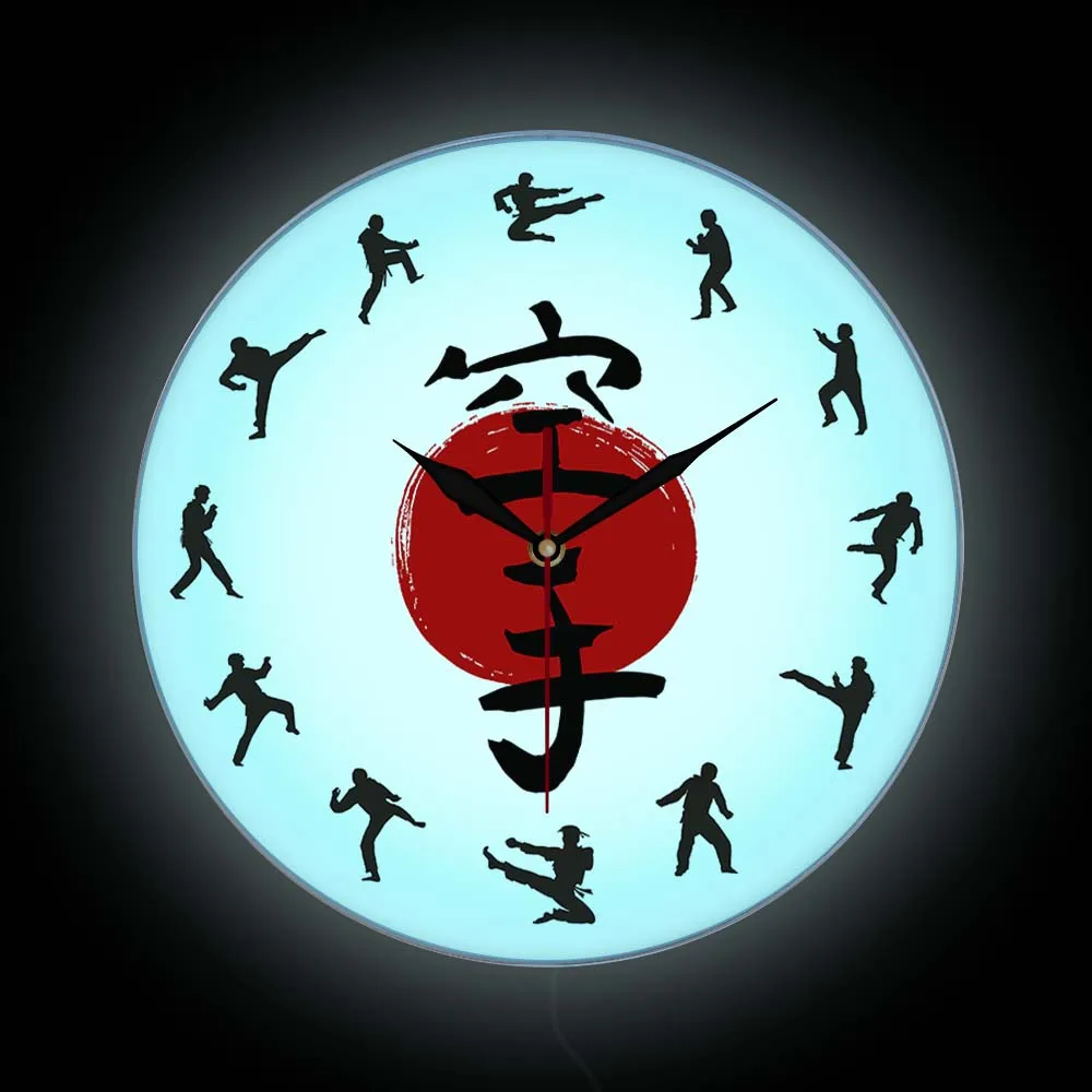 

Karate Modern Design Wall Clock With LED Backlight For Man Cave Japanese Fighting Martial Arts Display Sign Luminous Wall Clock