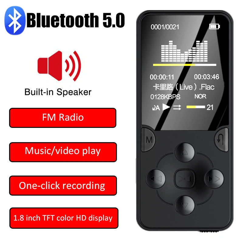 32G MP3 Player Bluetooth 5.0 Mini Music Walkman Stereo Speaker with 1.8 Inch TFT HD Screen Support Video Play Fm Radio/Recording zune mp3