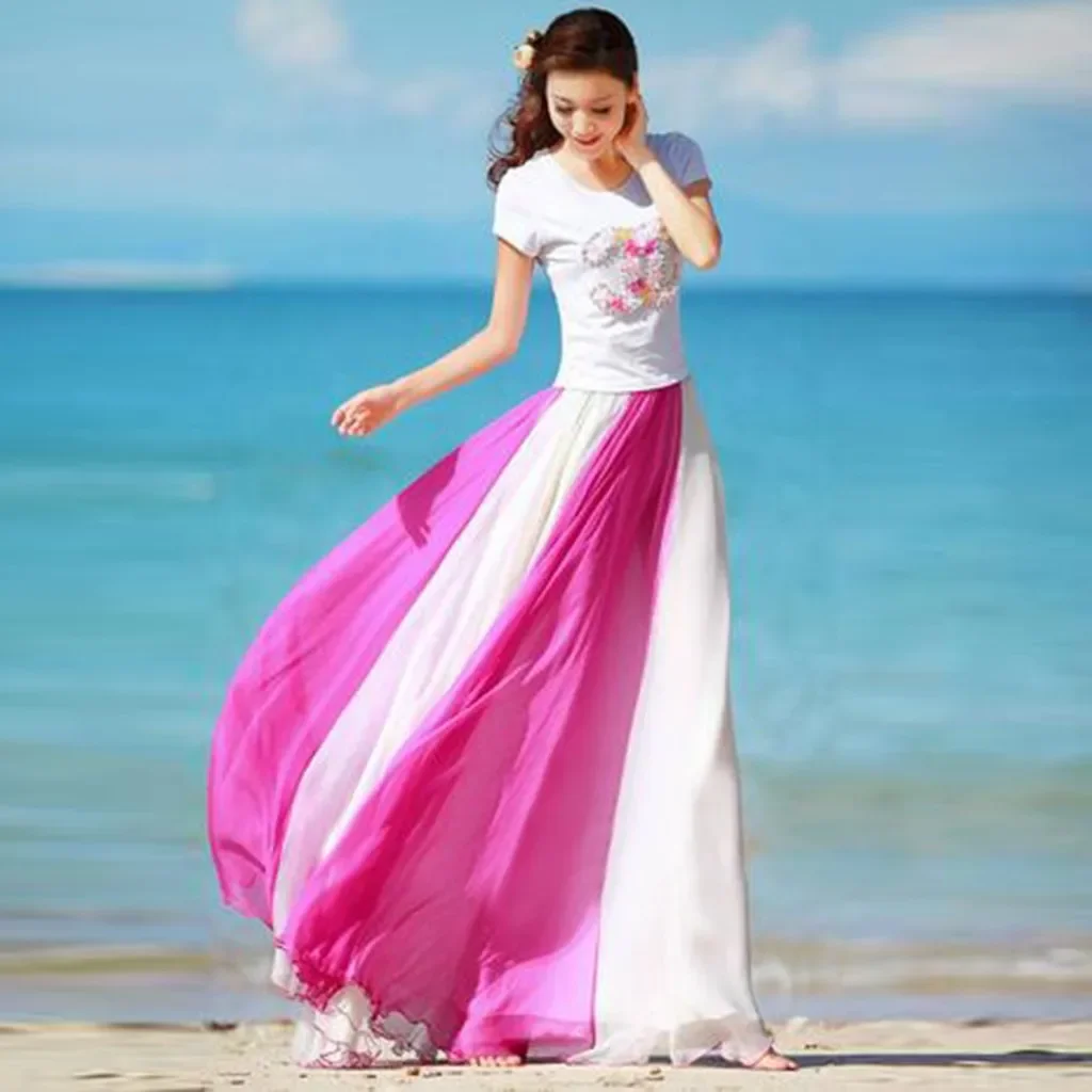 

New In Skirts For Women Long Length Plus Size Women Full Circle Skirt Flowing Color Matching Chiffon Bohemian Skirt
