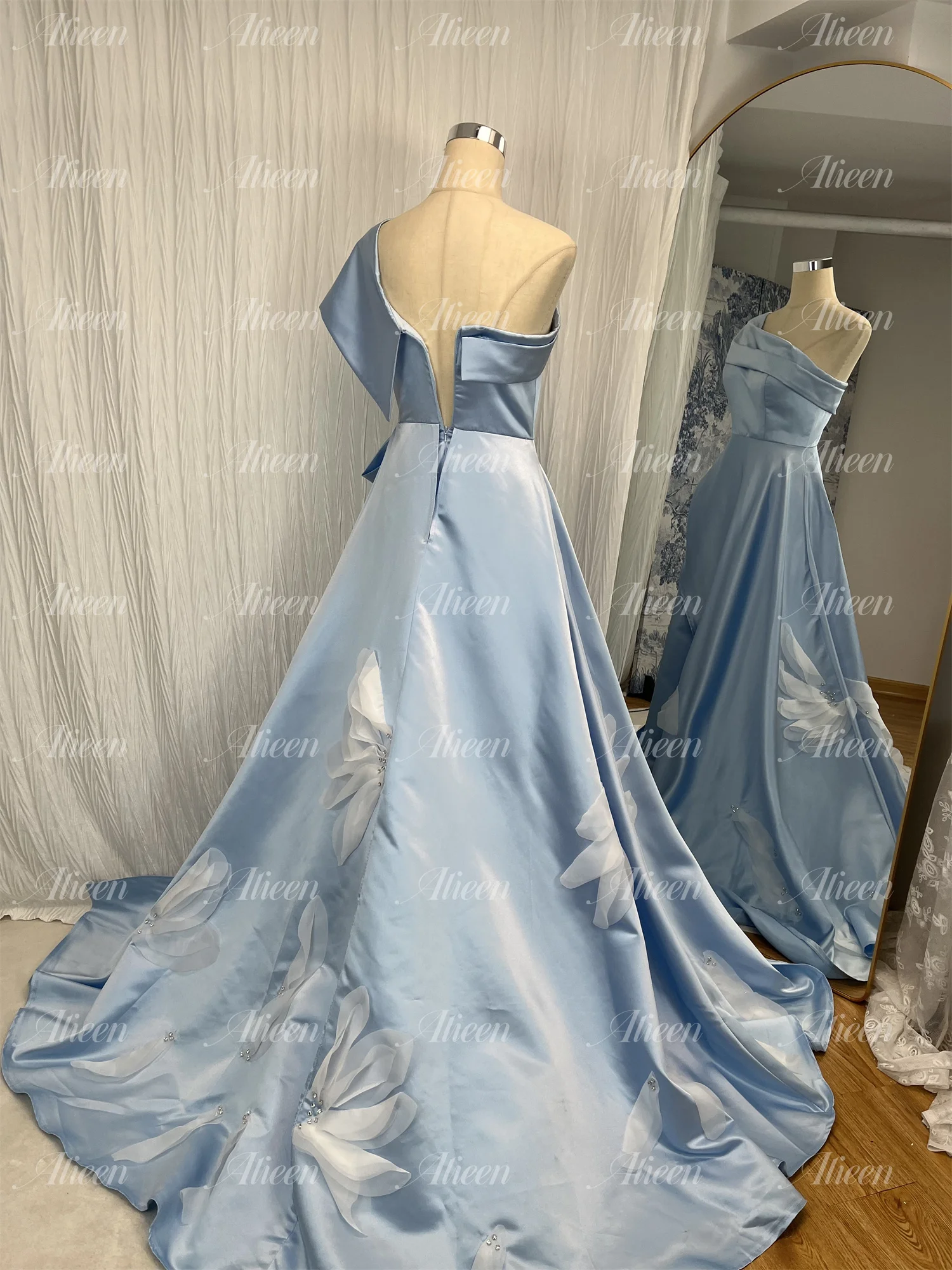 Aileen Vestido de satén azul para mujer, elegante vestido de fiesta con flor de hoja de loto, línea A, graduación, novia, boda Formal