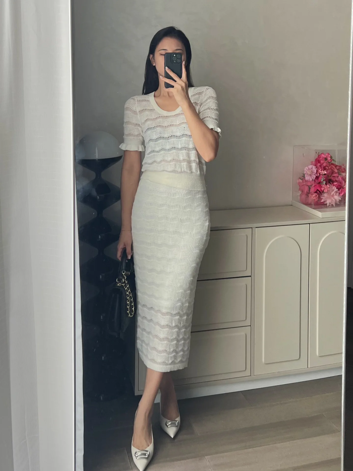

2023 Summer Fashion Hollow Knit Suit Thin Section Commuter Top/ Skirt