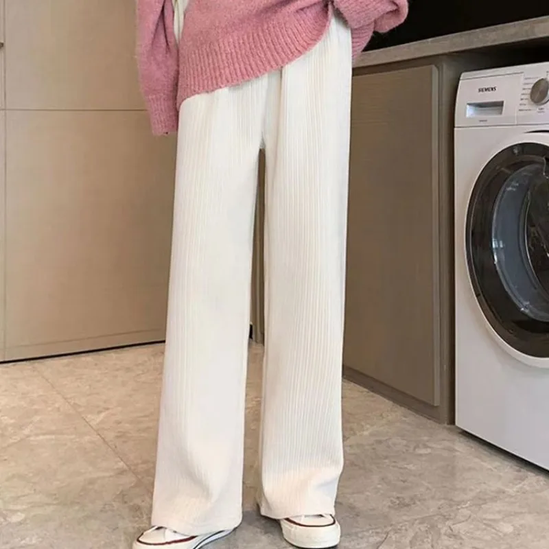 Women's High Waist Baggy Casual Korean Fashion Pantalones Winter Thicken Plus Velvet Wide Leg Pants Warm Plush Straight Trousers