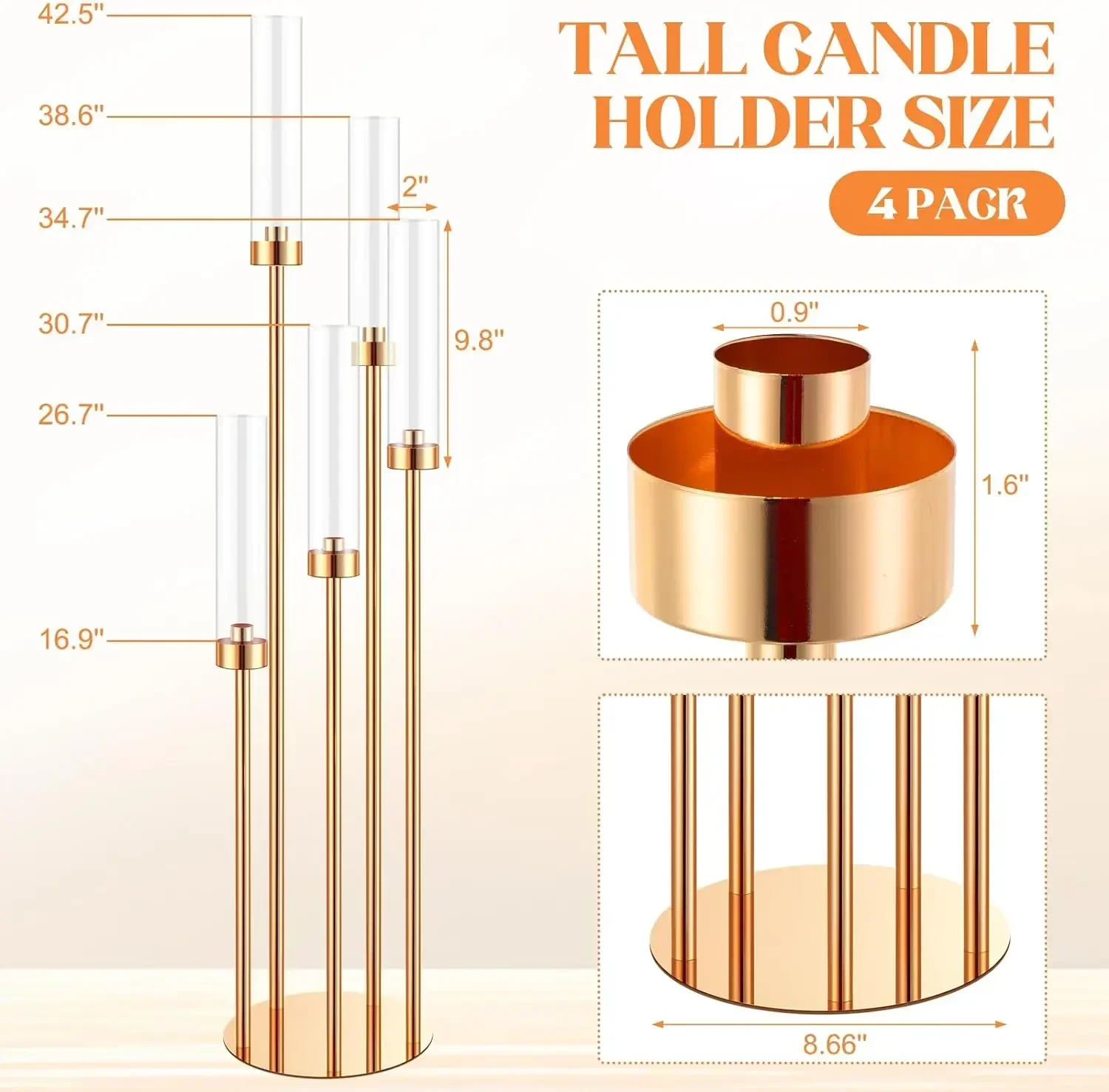 Floor Candelabra 5 Arm 42.5'' Tall Gold Candle Holder, Candelabra Centerpieces for Tables, Metal Candlestick Set with Acry 2