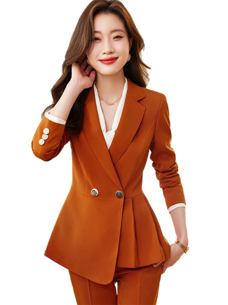 

Elegant Women's Pant Suit Ladies Black Blue Orange Coffee Ruffle Blazer Jacket and Trouser Female Work Wear Formal 2 Piece Set