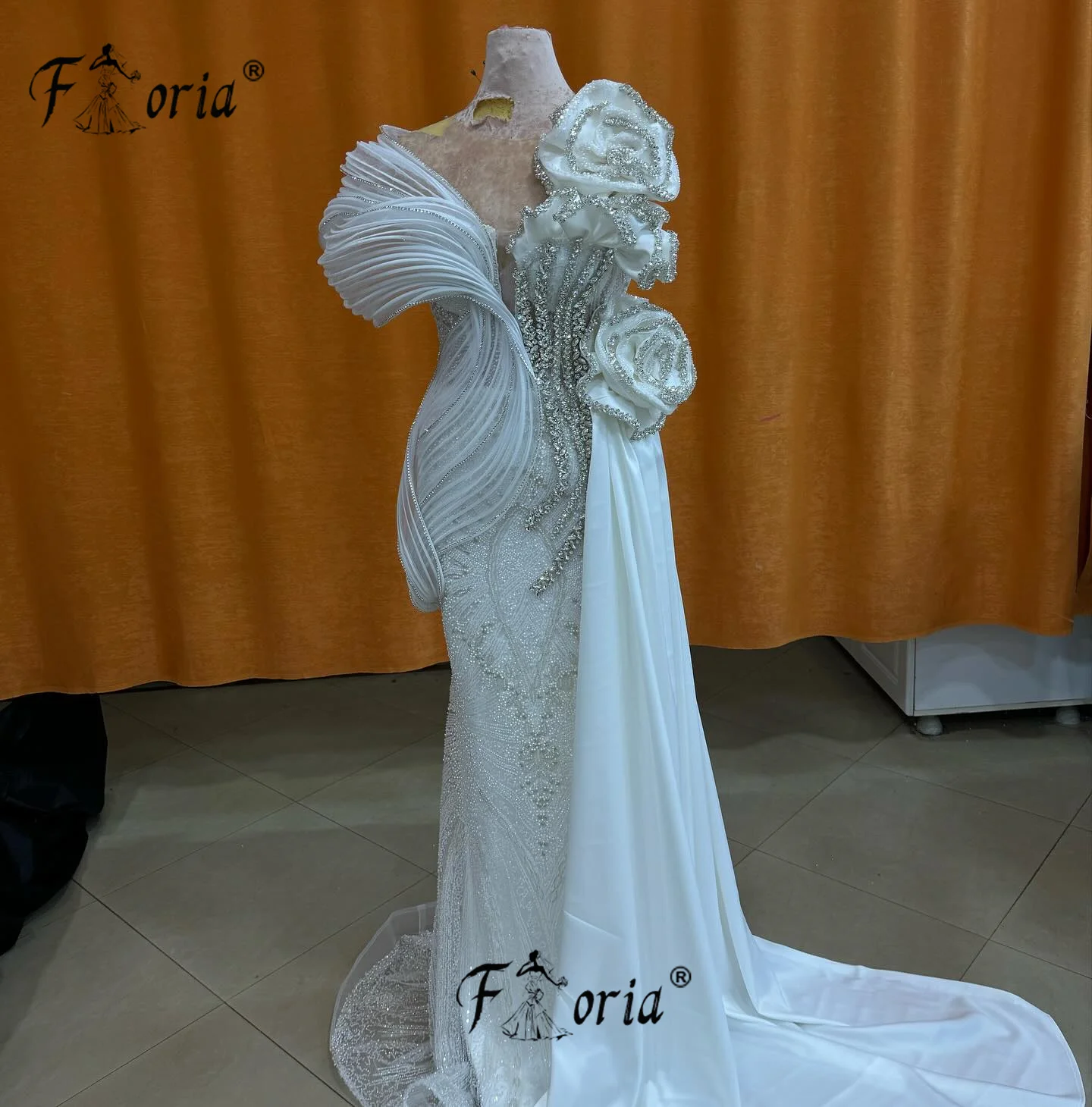 Couture blanc sirène robe de mariée 3D fleur perlée cristal soirée robes formelles longue tenue de fête robe pailletée femme soirée