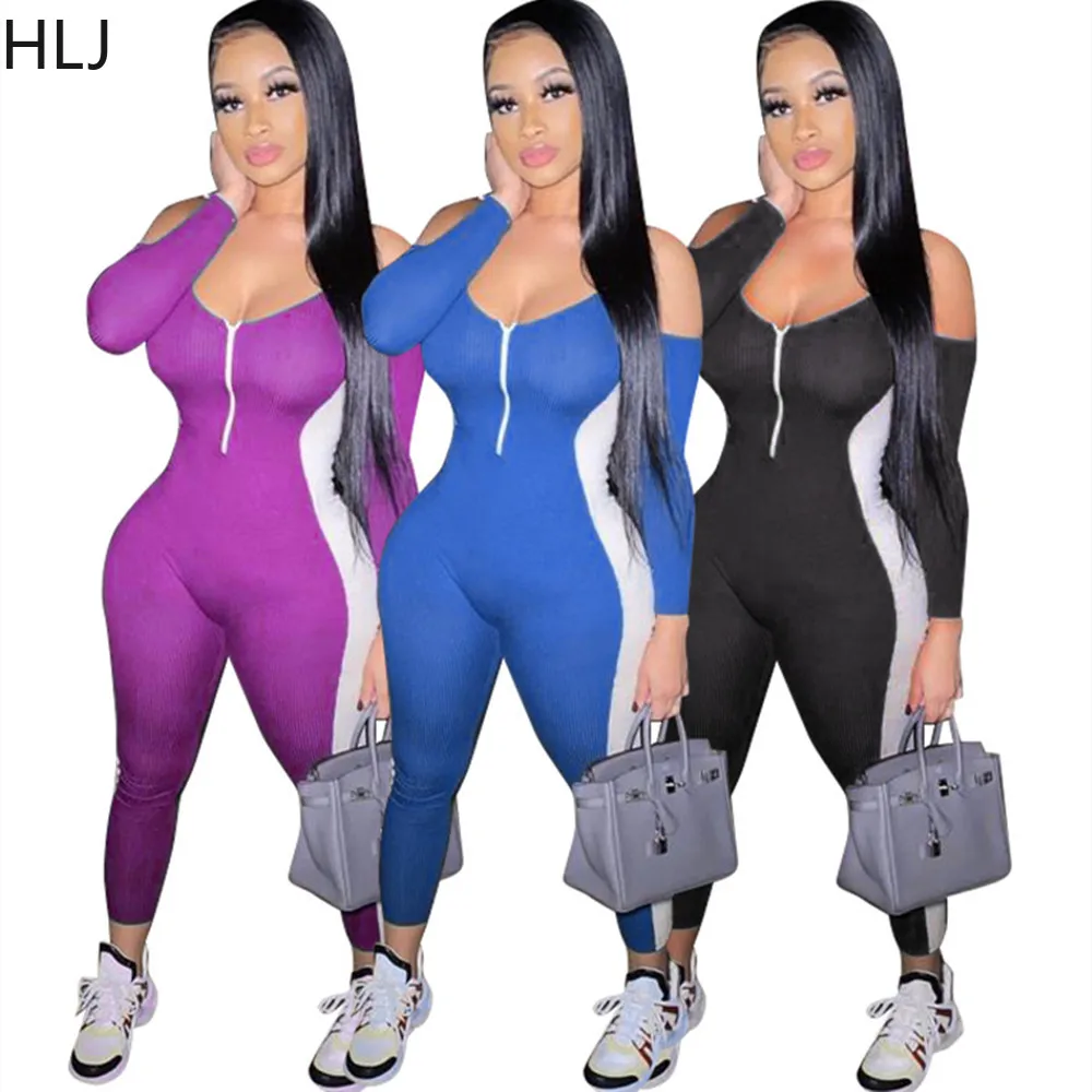 HLJ Sexy Zipper Patchwork Color Bodycon Jumpsuits Women V Neck Long Sleeve Halter Slim Playsuits Female Solid Sporty Overalls