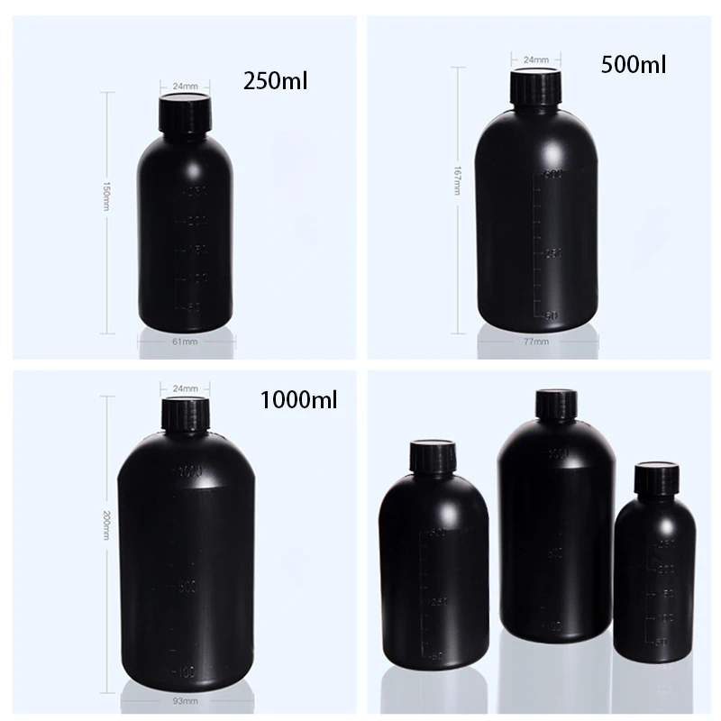 10pcs 250ML 500ML 1000ML Black HDPE Sealed Liquid Bottle 1L Black Light Proof Chemical Reagent Bottle, Sample Bottle With Scale