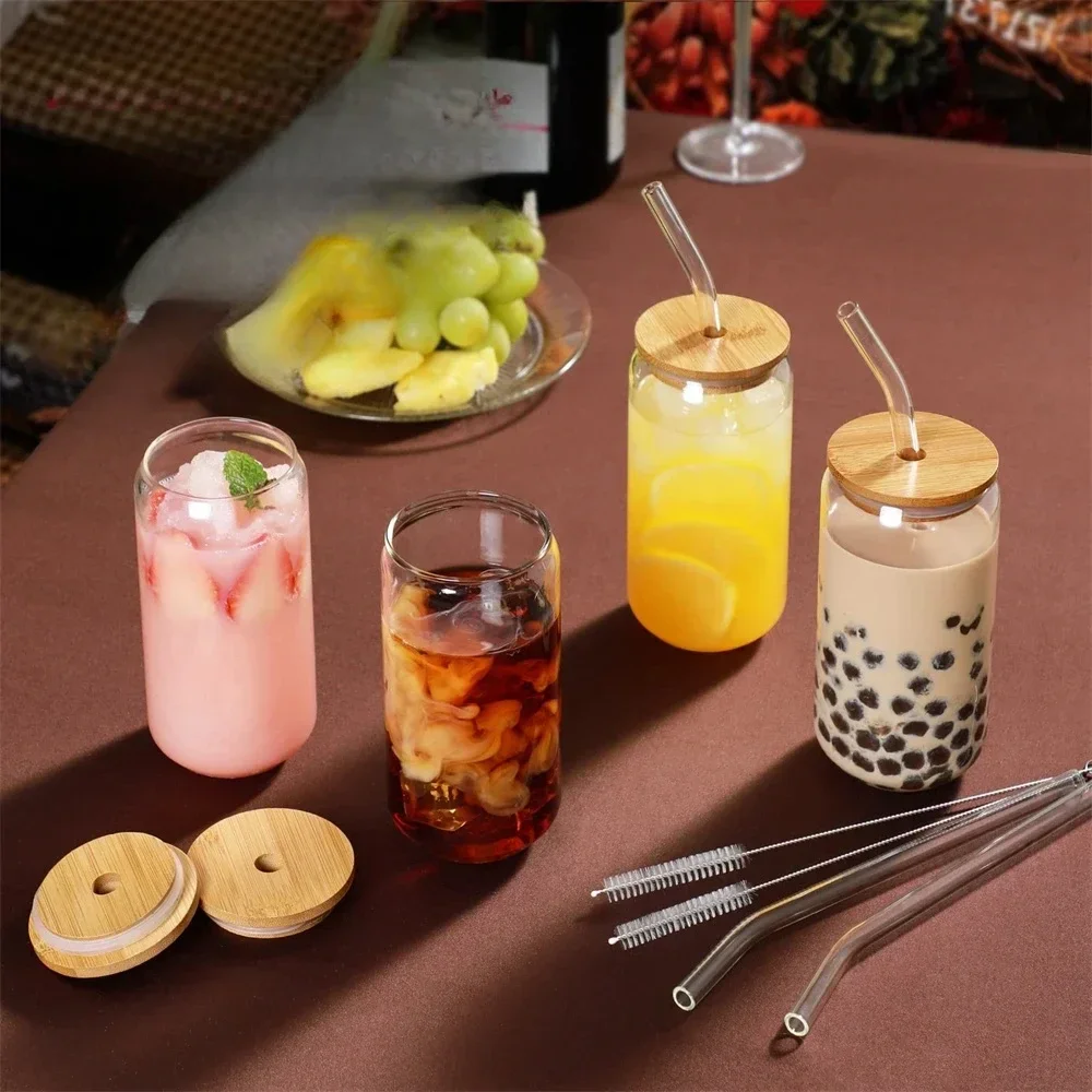 350ml Transparent Covered Glass Straw Cup Beer Milk Transparent Bubble Tea Cup