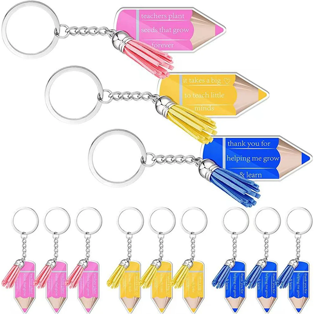 12pcs/set Teacher Keychain Teacher Gifts Appreciation Gifts in Bulk Pencil Acrylic Keychain with Tassels for