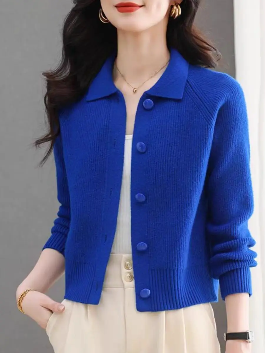 Women's Knitted Cardigan Short High Waist  Collar Casual Outerwear Fashionable Autumn Winter New Style Small Size Friendly - 3