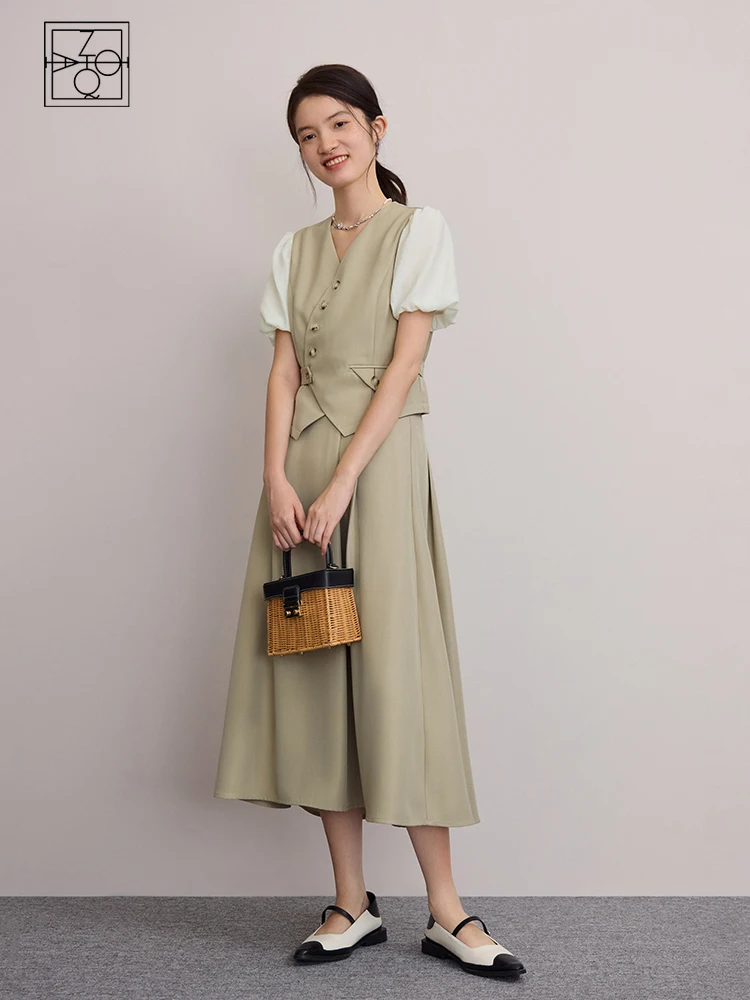 ZIQIAO Commuter Temperament Puff-sleeved Shirt Skirt Suit for Female Summer Niche Design V-neck Shirt + A-line Skirt Women Sets