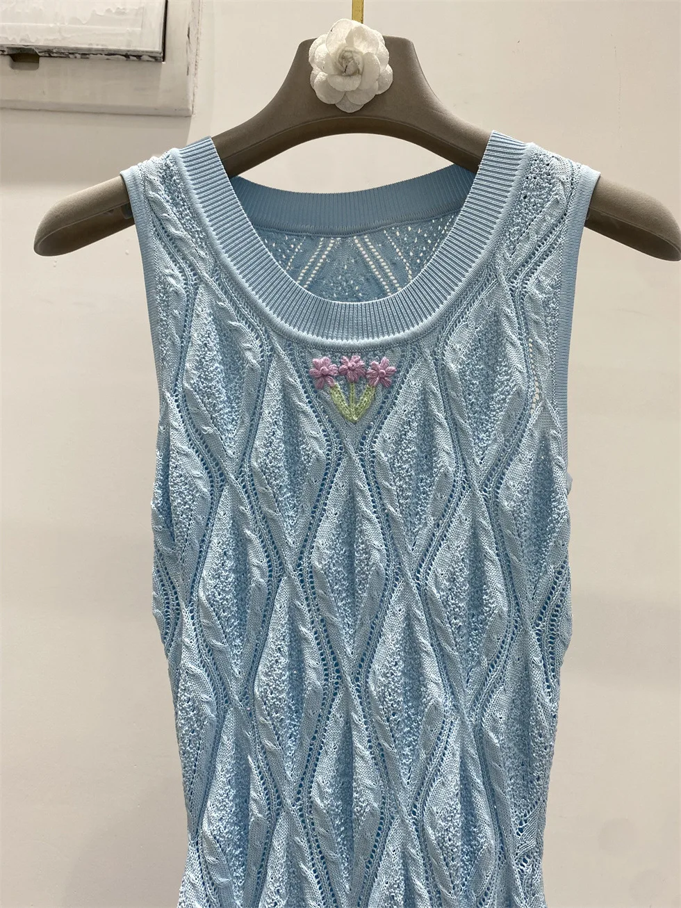 ZJYT Summer Knitted Maxi Dresses for Woman Party Evening Elegant Designer Sleeveless Hollow Out Sweater Tank Dress Blue Yellow 5