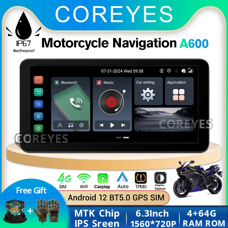 COREYES A600 6.3 inch Portable Motorcycle LCD Display GPS Dustproof IPX7 Waterproof For Wireless Apple CarPlay Android Auto