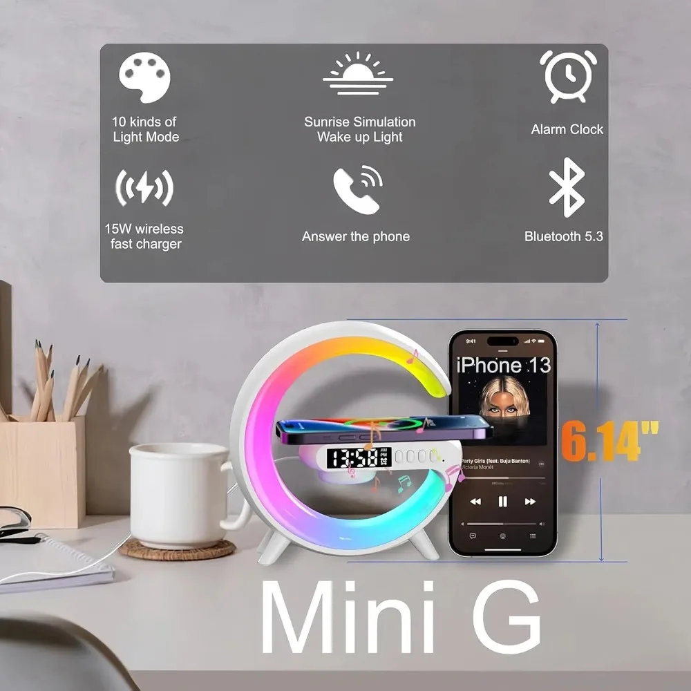 Multifunctional Night Light Wireless Charger & Bluetooth TF Speaker & Alarm Clock For iPhone 16 Samsung Xiaomi Mini G Atmosphere
