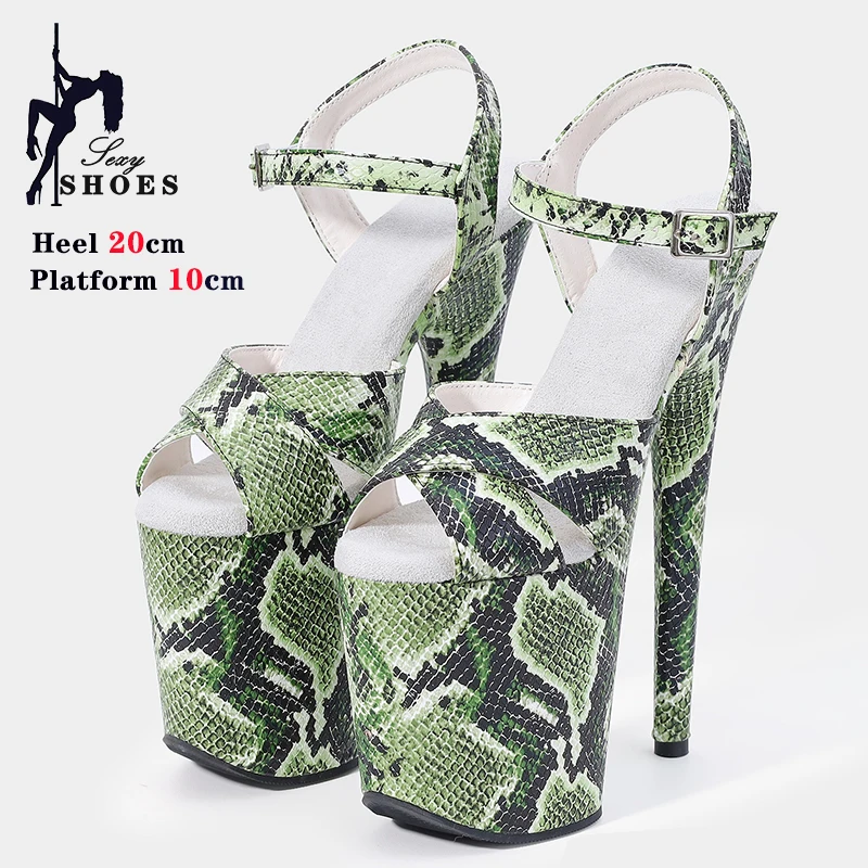 New 8Inch/20cm Women Sandals Exotic High Heel Platform Pole Dance Shoes Open Toe Green Snake Print Sexy Nightclub Catwalk Heels