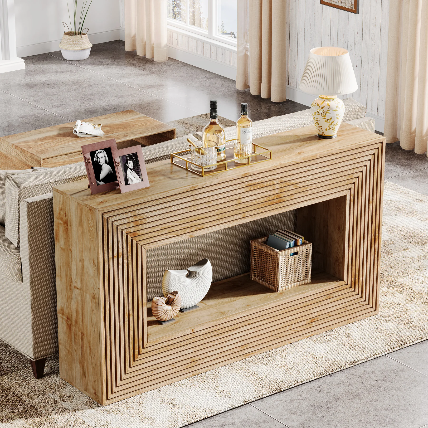 Tribesigns 59-Inch Wood Console Table, Farmhouse Fluted Entryway Table with Storage, Long Sofa Table Behind Couch