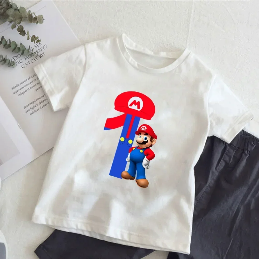 슈퍼 마리오 티셔츠 애니메이션 생일 행운의 숫자 프린트 티셔츠 귀여운 아동 의류 탑  티셔츠 캐주얼 의류 탑 티셔츠