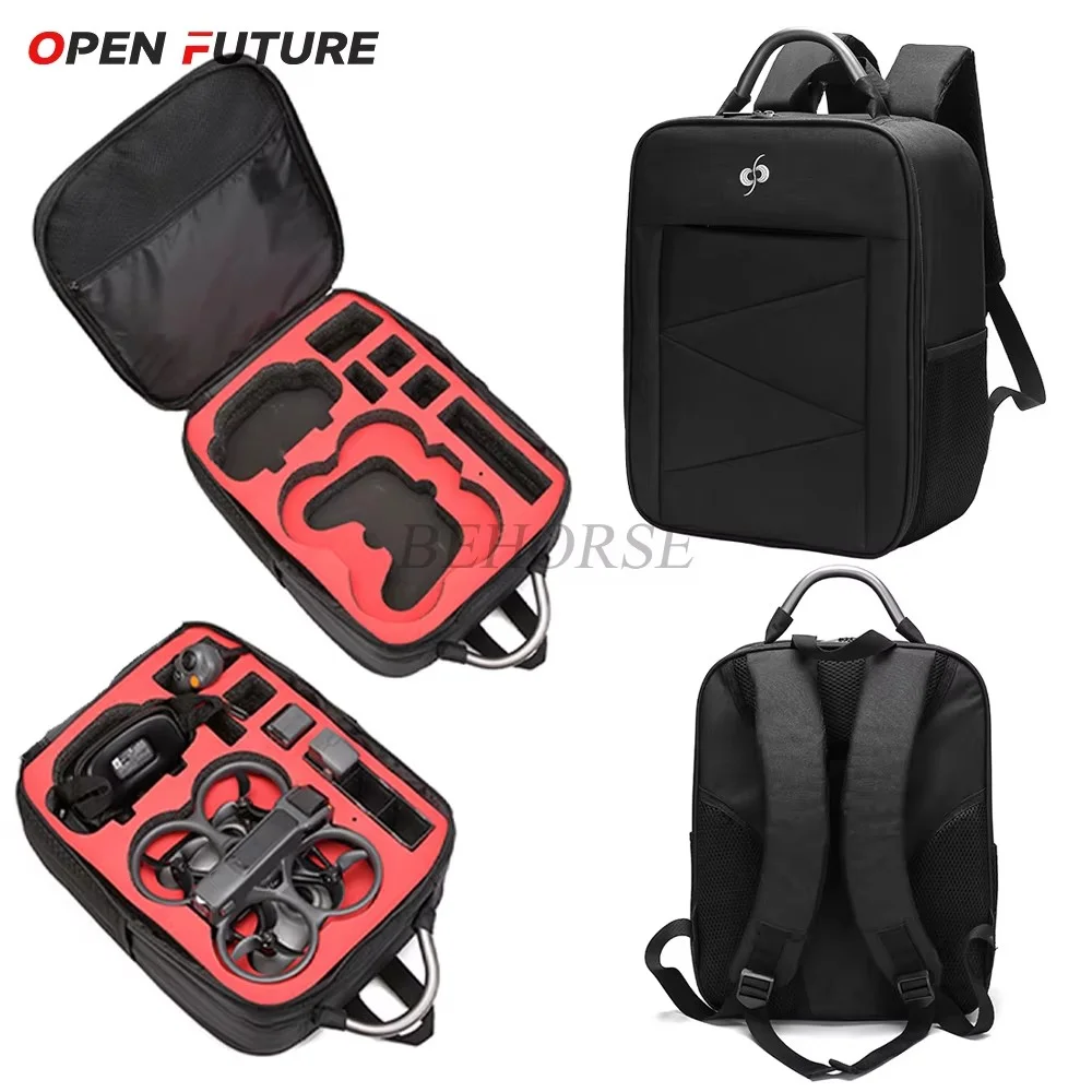 Sac de rangement pour DJI Avata 2 et Avata ouvert, montrant le drone et accessoires dans la mousse sur mesure.