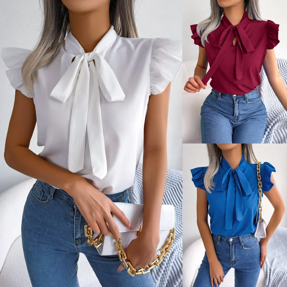 

2024 Spring/summer EuropeAn-American style commuter lace up with bow chiffon shirt for women