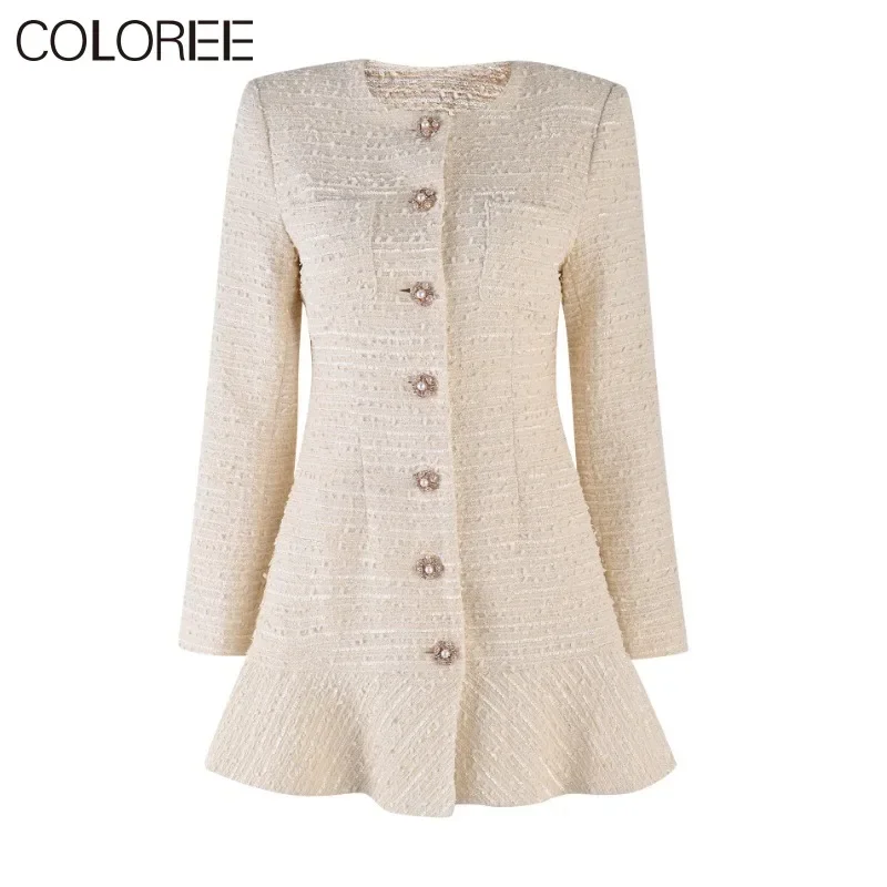 

Elegant Ruffles Mermaid Dress Women Runway Designer O-neck Long Sleeve White Woolen Dresses 2023 Spring New in Outwears