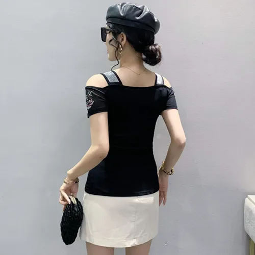 M-3XL 오프 숄더 섹시 티셔츠, 빛나는 다이아몬드 메쉬 탑, 올 매치 티 블라우스, 유럽 여아 패션, 신제품, 여름 2