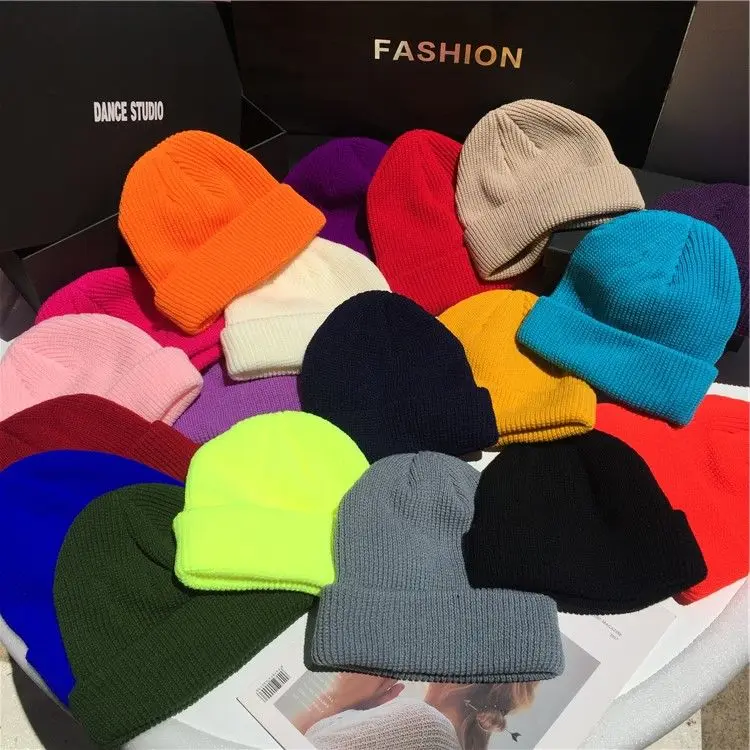 Men Women Winter Autumn Solid Color Warm Woolen Knitted Cap Fluorescent Cuffed Beanie Hat Female Caps Warmer Bonnet Casual Cap 1