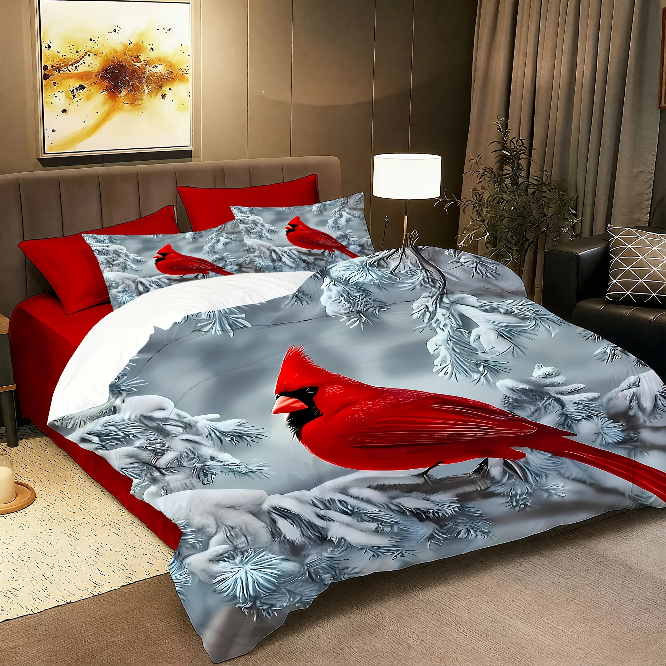 3Pcs Red Bird Winter Snow Duvet Cover Set, Ultra Soft Comfortable Breathable Bedding with Pillowcases, Animal Theme for Bedroom