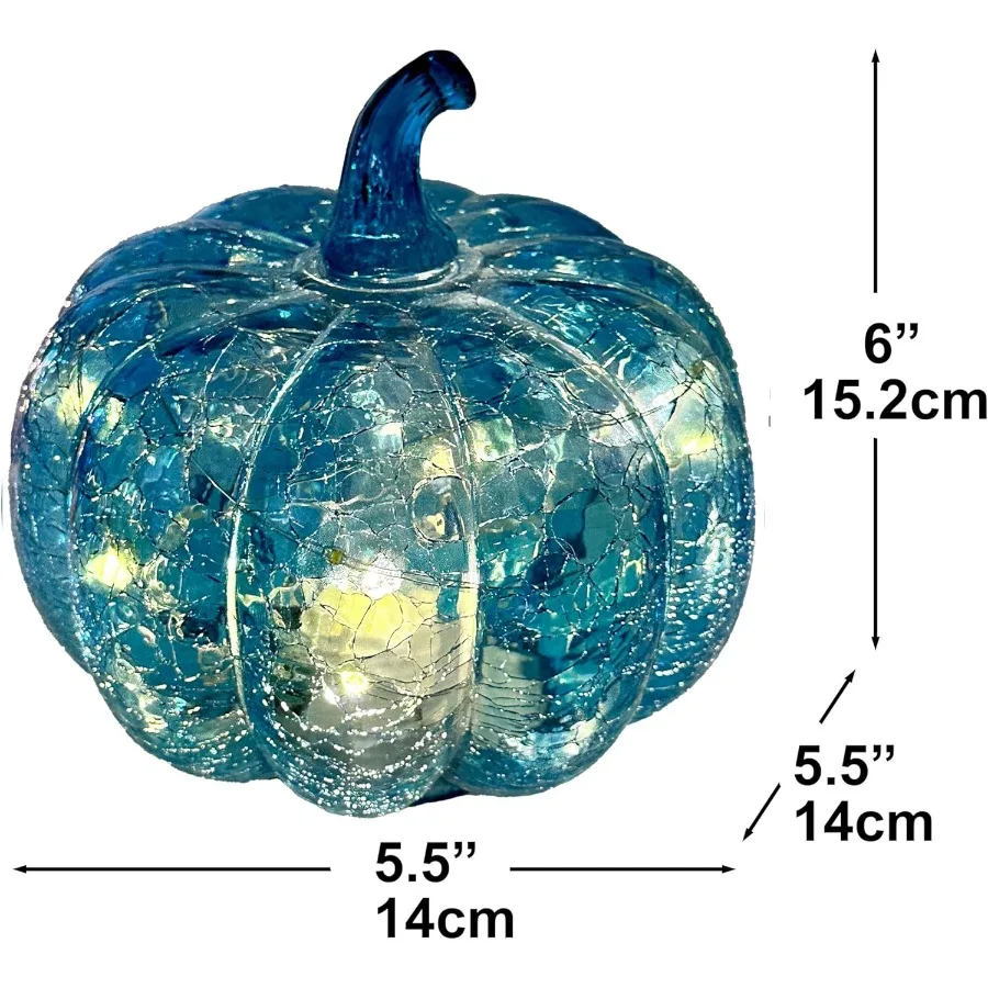 Aqua Blue Crackle Glass Pumpkin Twinkling Light with Timer for Fall and Halloween Decorations Ideal for Cozy Home Ambiance Fest