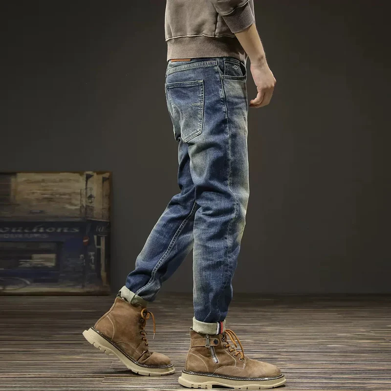 European Vintage Fashion Men Jeans Retro Blue High Quality Elastic Slim Fit Ripped Jeans Men Casual Designer Denim Pants Hombre