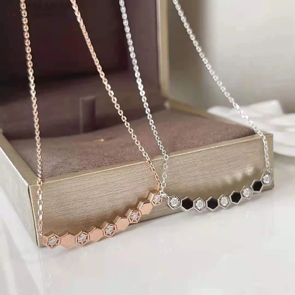 

925 Sterling Silver Honeycomb Smiley Diamond Necklace Women Fashion Luxury Classic Clavicular chain jewelry