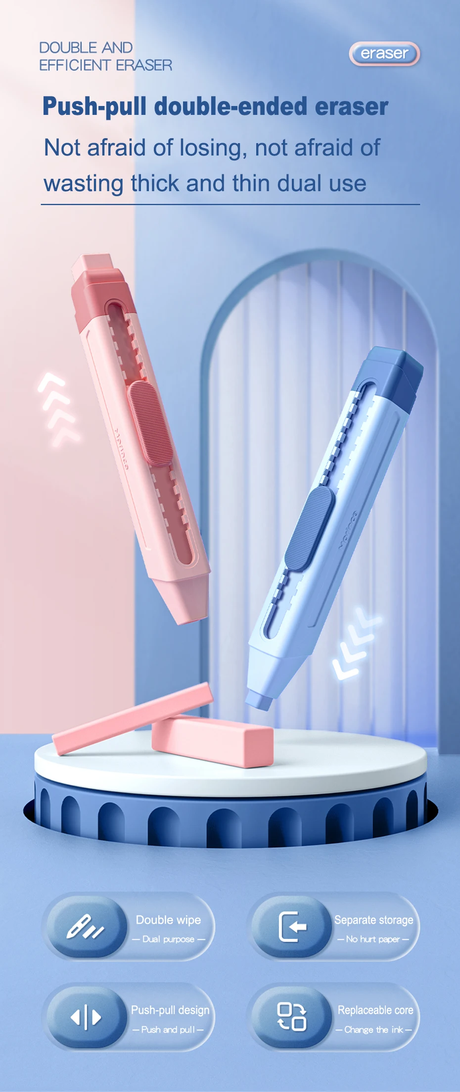 Deli Erasers Pen Retractable Press Pencil Rubber Correction Supplies School Stationery Erasers for Kids Soft Art Eraser Pen cute