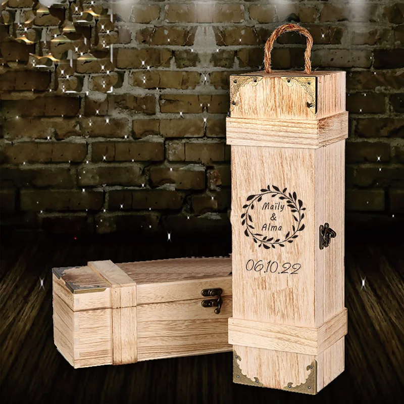 Wooden Wine Box with Name and Date Engraved Style Simple Design Perfect for Anniversary Wedding Day Ceremony