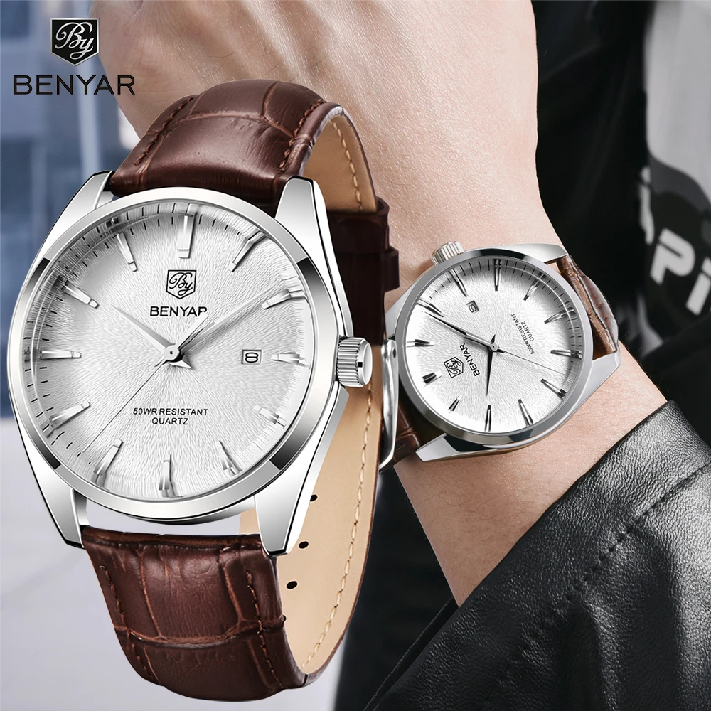 BENYAR 2023 New 41MM Men's Sport Quartz Watch Luxury Sapphire Leather Strap Waterproof 3Bar Fashion Casual Reloj Hombre Watch fo