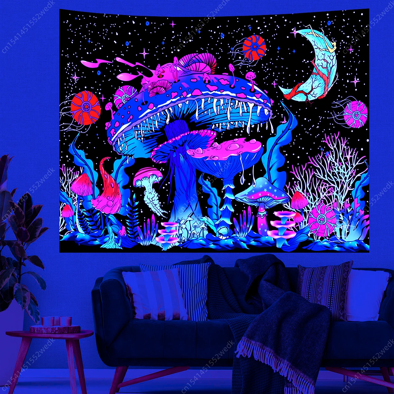 Mushroom Moon Uv Reactive Tapestry Wall Hanging For Living Room Bedroom Home Decor Room Decor Party party decorations tapestry decorations