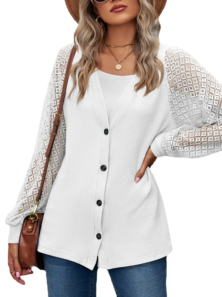 

Womens Lace Long Sleeve Solid Buttons Cardigan Tops