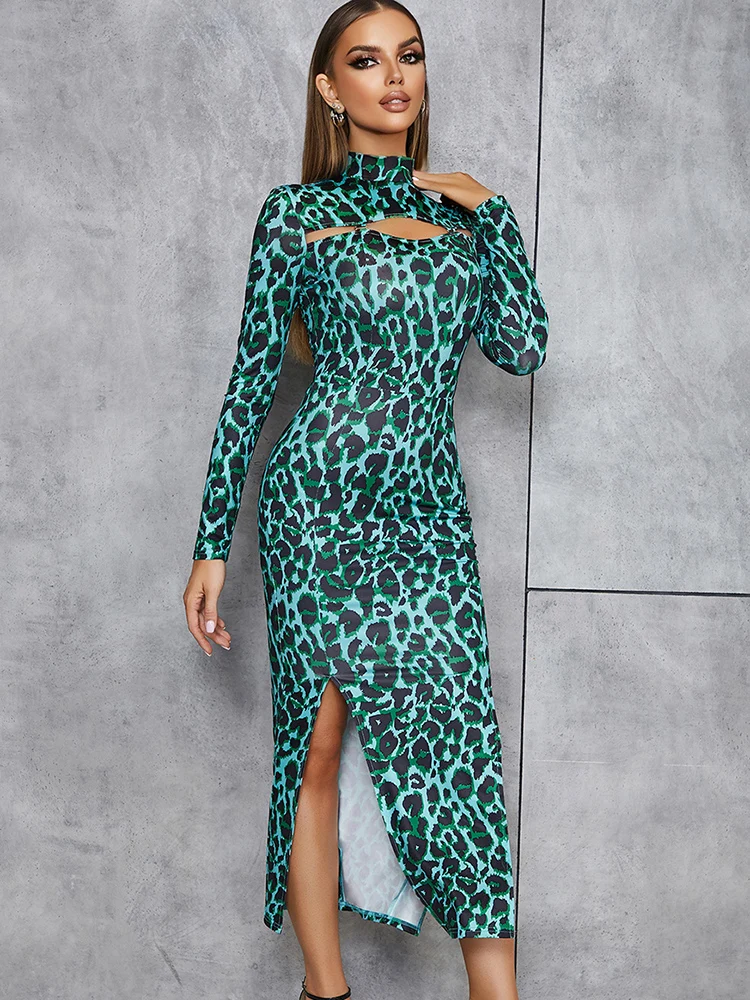 

Elegant Fashion Long Sleeve Leopard Maxi Dresses for Women Sexy Sequins Split Bodycon Celebrity Runway Evening Party Long Dress