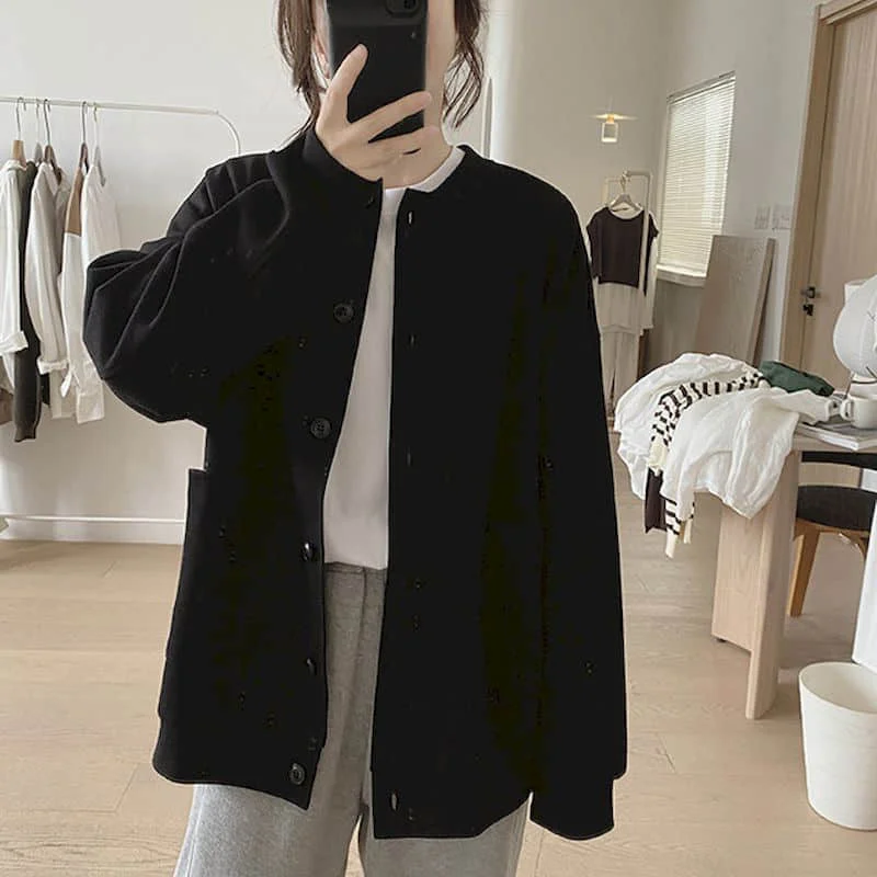 thumbnail image 1 of Chaquetas para mujer, ropa de moda coreana, holgadas, de gran tamaño, con cuello redondo, cárdigans sólidos, abrigos de manga larga con una sola botonadura, blusas para mujer, 1 of 4